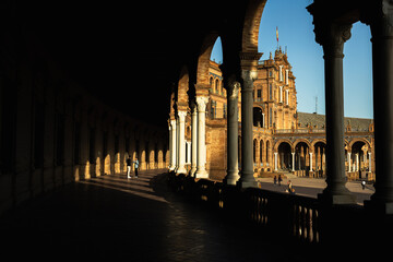 scenes from Plaza de Espana in the medieval city of Seville Spain