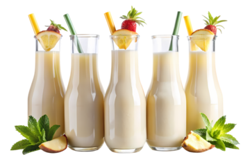 Five glass bottles filled with a creamy beverage garnished with fruit and mint leaves on a black background