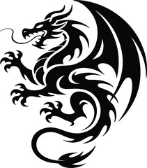 Black Dragon Silhouette with Wings Vector Monogram.