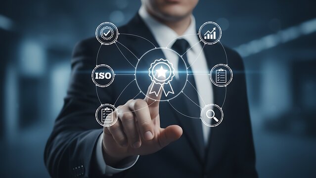 Businessman interacting with digital interface displaying business concepts and icons representing technology innovation and modern business solutions for growth - Powered by Adobe