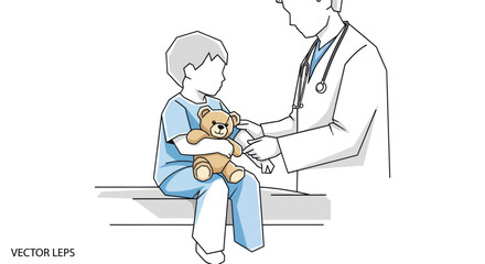 Doctor Examining Young Child with Teddy Bear During Medical Check-up.