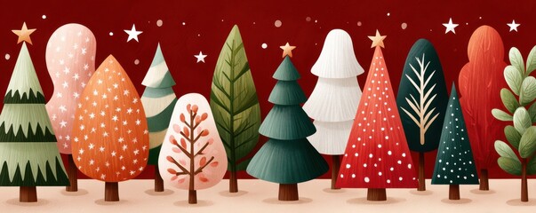 Festive forest of stylized Christmas trees on a red background with stars and winter charm