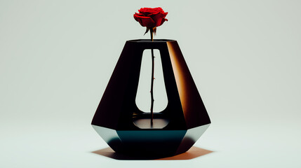 Single red rose in a futuristic geometric black vase.