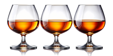 Three cognac glasses filled with amber liquid standing in a row against a black background in studio shot