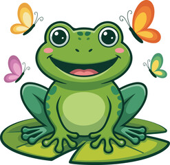 Fototapeta premium Happy green frog vector illustration sitting on a lily pad with colorful butterflies in a cheerful outdoor scene
