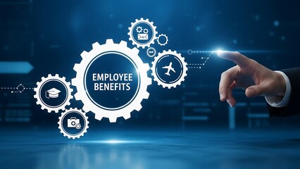 Employee benefits concept with gears and icons displayed on a blue screen representing compensation insurance retirement and paid time off with hand pointing