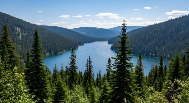 Verdant evergreen forest frames a serene blue lake nestled between sloping hills under a bright sky