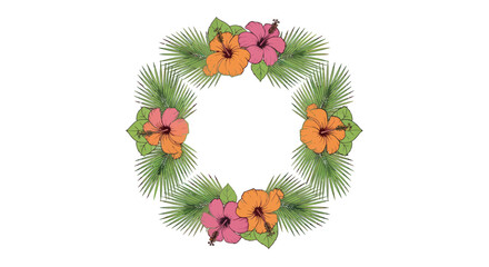 Vibrant Tropical Floral Wreath with Pink and Orange Hibiscus Flowers and Palm Leaves.