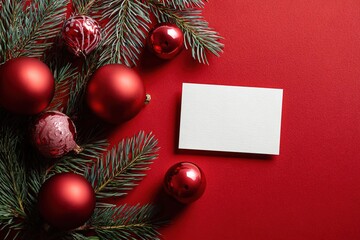 Festive arrangement featuring red Christmas ornaments, evergreen branches, and a blank card on a vibrant red background, perfect for holiday greetings and seasonal celebrations