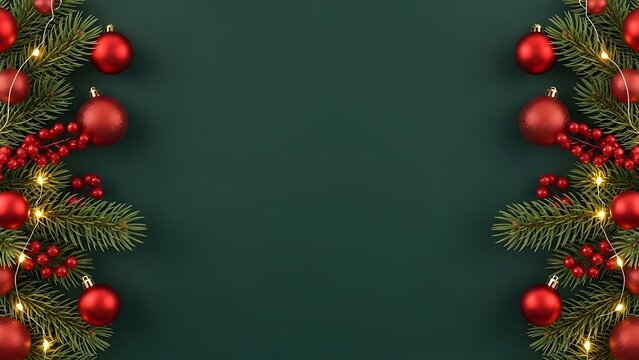 Christmas holiday border with red ornaments and lights on green background