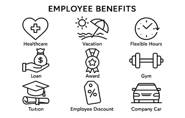 Comprehensive Set of Employee Benefits Icons Representing Healthcare, Vacation Time, Flexible Work Hours, Financial Support, Professional Awards, Gym Access, Tuition Assistance, Employee Discounts, an