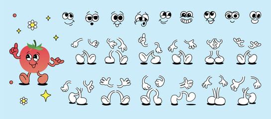 Set of 70s groovy comic faces, Cartoon character faces collection, leg, arm, hand in different emotions happy, angry, sad, cheerful. Cute retro groovy hippie doodle illustration for cute decorative