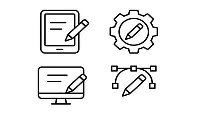 Graphic Design and Editing Line Icon Set – Tablet, Computer, Gear, Vector Tools
