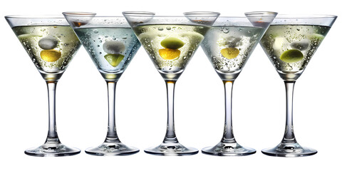 Five martini glasses filled with clear liquid and olives against a black background in a row shot