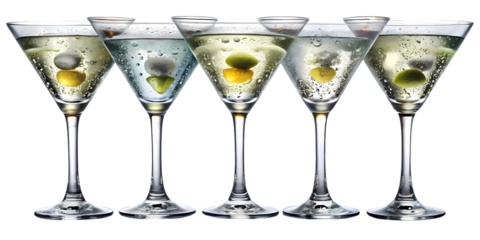 Five martini glasses filled with clear liquid and olives against a black background in a row shot