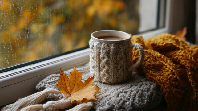 A hot coffee mug in a creative knit jacket on the wind