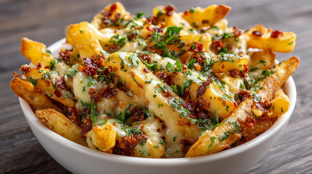 A bowl of loaded french fries topped with cheese, bacon bits, and fresh chopped parsley garnish - Powered by Adobe
