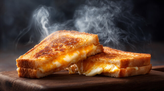 A close up of two grilled cheese sandwiches with steam rising on a wooden cutting board