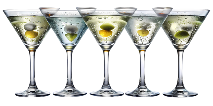 Five martini glasses filled with clear liquid and olives against a black background in a row shot