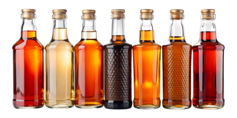 Assorted glass bottles filled with colorful liquids on a black background in a studio setting