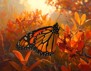 Monarch butterfly resting on bright orange autumn leaves in golden sunlight