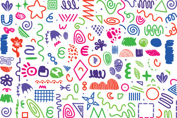 Funky crayon drawn geometric shapes and lines. Colorful pencil or chalk drawn naive Swiss design aesthetic. Basic geometric shapes, dots, playful pattern, primitive forms and figures