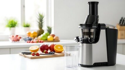 Modern Silver and Black Juicer with Fresh Fruits on Bright Kitchen Countertop