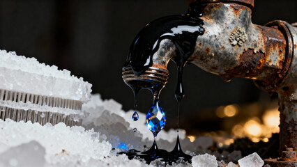 Rusty faucet dripping oil, creating beautiful crystals, concept of detoxification