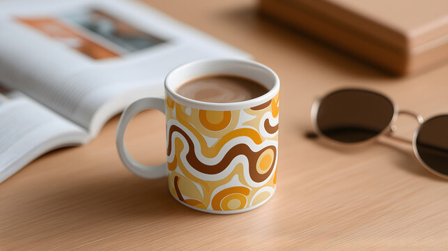Retro mug with swirling pattern brings groovy vibes alongside book and sunglasses, invoking cozy and relaxed feeling