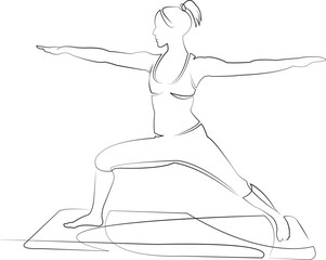 One continuous line drawing on white isolated background. Minimalism linear illustration. yoga, physical exercise, health, training, exercise, woman, girl, pose, female, fitness