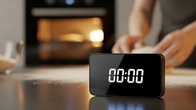Digital Timer Showing Zero in Modern Kitchen with Person Preparing Food