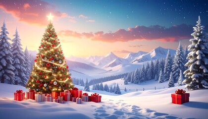 Merry Christmas and realistic background with 3d Christmas tree and gifts, layout with copy space concept