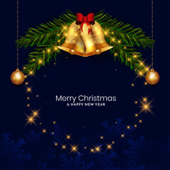 Merry Christmas greeting card with stars golden Christmas bell