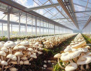 Mushroom farm cultivation in a modern greenhouse for sustainable agriculture