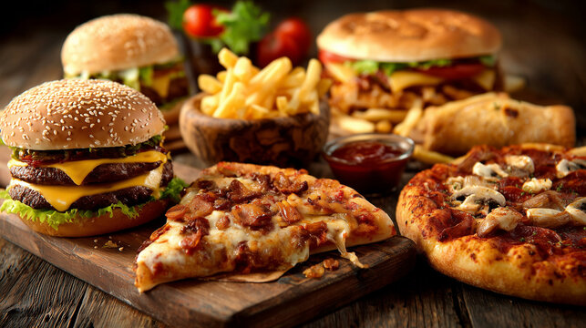 Close up of a variety of fast food items including burgers pizza and french fries on a wooden board