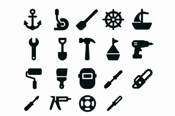 Obraz premium Set of nautical and construction tool icons in black silhouette style