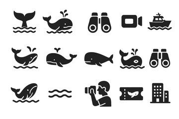 Obraz premium Marine icons featuring whales, binoculars, and boats in simple black style