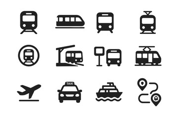 Various transportation icons: train, bus, tram, taxi, airplane, ship