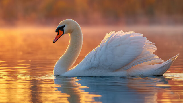 A graceful mute swan gliding across a calm lake at sunrise with soft golden reflections on the water and detailed feathers