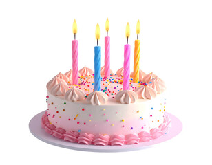 Birthday cake, pink frosting, colorful sprinkles, lit candles