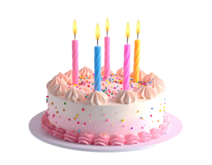 Birthday cake, pink frosting, colorful sprinkles, lit candles
