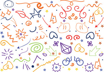 Funky crayon drawn geometric shapes and lines. Colorful pencil or chalk drawn naive Swiss design aesthetic. Basic geometric shapes, dots, playful pattern, primitive forms and figures