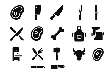 Obraz premium Meat cutting tools: knives, cleavers, forks, and more in black icons set