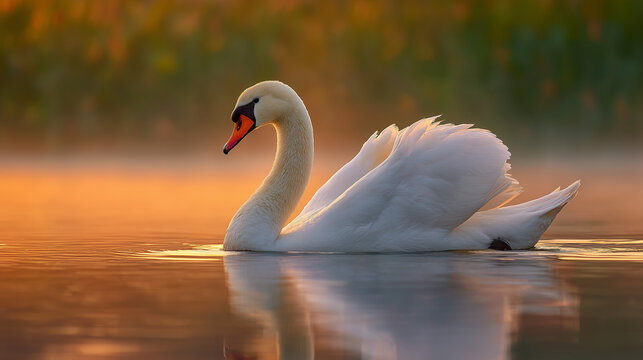 A graceful mute swan gliding across a calm lake at sunrise with soft golden reflections on the water and detailed feathers - Powered by Adobe