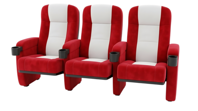Modern red and white cinema theater seating with cup holders