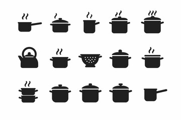 Set of black cooking pot silhouettes with steam in various designs