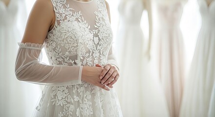 Elegant wedding dress with intricate floral lace detailing exudes timeless grace and romance