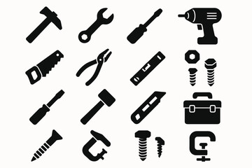Obraz premium Collection of black tool icons featuring hammer, wrench, saw, and more
