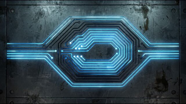 Glowing neon lines on a scratched metal surface smoothly pulse and flare up with bright blue light, simulating the activation of a futuristic mechanism