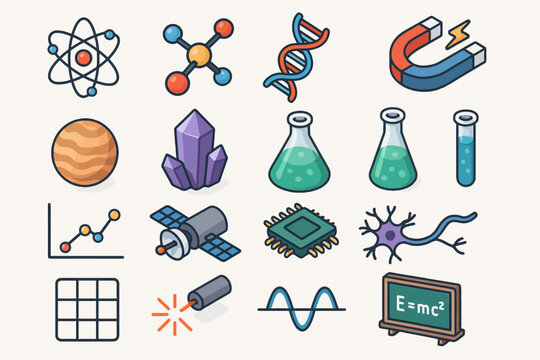 Science icons collection featuring atoms molecules dna and laboratory equipment